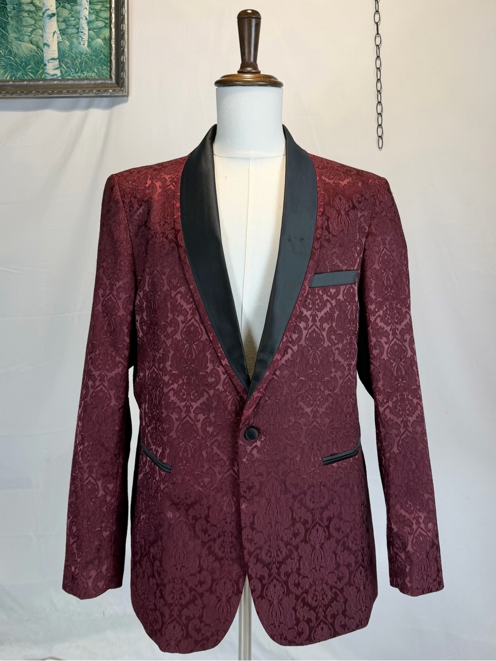 Mens dinner jacket blazer coat brocade jacquard, satin collar old Hollywood goth - Picture 9 of 13